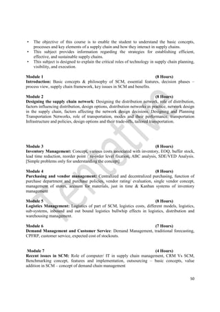 50
• The objective of this course is to enable the student to understand the basic concepts,
processes and key elements of a supply chain and how they interact in supply chains.
• This subject provides information regarding the strategies for establishing efficient,
effective, and sustainable supply chains.
• This subject is designed to explain the critical roles of technology in supply chain planning,
visibility, and execution.
Module 1 (8 Hours)
Introduction: Basic concepts & philosophy of SCM, essential features, decision phases –
process view, supply chain framework, key issues in SCM and benefits.
Module 2 (8 Hours)
Designing the supply chain network: Designing the distribution network, role of distribution,
factors influencing distribution, design options, distribution networks in practice, network design
in the supply chain, factors affecting the network design decisions. Designing and Planning
Transportation Networks, role of transportation, modes and their performance, transportation
Infrastructure and policies, design options and their trade-offs, tailored transportation.
Module 3 (8 Hours)
Inventory Management: Concept, various costs associated with inventory, EOQ, buffer stock,
lead time reduction, reorder point / re-order level fixation, ABC analysis, SDE/VED Analysis.
[Simple problems only for understanding the concept]
Module 4 (8 Hours)
Purchasing and vendor management: Centralized and decentralized purchasing, function of
purchase department and purchase policies, vendor rating/ evaluation, single vendor concept,
management of stores, account for materials, just in time & Kanban systems of inventory
management
Module 5 (8 Hours)
Logistics Management: Logistics of part of SCM, logistics costs, different models, logistics,
sub-systems, inbound and out bound logistics bullwhip effects in logistics, distribution and
warehousing management.
Module 6 (7 Hours)
Demand Management and Customer Service: Demand Management, traditional forecasting,
CPFRP, customer service, expected cost of stockouts.
Module 7 (4 Hours)
Recent issues in SCM: Role of computer/ IT in supply chain management, CRM Vs SCM,
Benchmarking concept, features and implementation, outsourcing – basic concepts, value
addition in SCM – concept of demand chain management
 