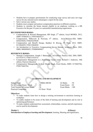 70
• Students have to prepare questionnaire for conducting wage survey and carry out wage
survey for any selected sector and prepare a report for the same.
• Solve various case studies.
• Students must compare and analyze compensation practices in different countries.
• Students to calculate the bonus amount eligible to an employee working as a HR
Executive for the past 10 years in a automobile manufacturing organization.
RECOMMENDED BOOKS:
• Compensation & Reward Management, BD Singh, 2nd
edition, Excel BOOKS, 2012,
ISBN: 9350620111, 9789350620113
• Compensation, Milkovich & Newman, 6th
edition, Irwin/McGraw-Hill, ISBN:
0256259658, 9780256259650
• Compensation and Benefit Design, Bashker D. Biswas, FT Press, 2012, ISBN:
0133064859, 9780133064858
• An Introduction to Executive Compensation, Steven Balsam, Academic Press, 2002,
ISBN: 0080490425, 9780080490427
REFERENCE BOOKS:
• Strategic Compensation, Joseph J. Martocchio, 3rd Edition, Prentice Hall, 2004, ISBN:
0131918737, 9780131918733
• Compensation Management in a Knowledge based world, Richard I. Anderson, 10th
edition, Pearson Education
• Compensation Management, Er Soni Shyam Singh, Excel Books, ISBN: 8174465766,
9788174465764.
LEARNING AND DEVELOPMENT
Subject Code : 14MBA HR304 IA Marks : 50
No. of Lecture Hours / Week : 04 Exam Hours : 03
Total Number of Lecture Hours : 56 Exam Marks : 100
Practical Component : 01 Hour / Week
Objectives:
• To make students learn how to design a training environment to maximize learning at
workplace.
• To enable students to be aware of the field of learning and development and its role in
optimizing performance.
• To make students understand how assessment, relationships, courses, and job experiences
can be used for development.
Module 1: (8 Hours)
Introduction to Employee learning and Development, learning, Meaning and significance,
 