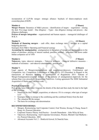 91
incorporation of LLP-De merger- strategic alliance- buyback of shares-employee stock
ownership plans (ESOP)
Module 4: (7 Hours)
Merger Process: Dynamics of M&A process - identification of targets – negotiation - closing
the deal. Five-stage model – Due diligence – Types - due diligence strategy and process - due
diligence challenges.
Process of merger integration – organizational and human aspects – managerial challenges of
M & A
Module 5: (12 Hours)
Methods of financing mergers – cash offer, share exchange ratio – mergers as a capital
budgeting decision
Synergies from M&A: Operating and Financial synergy
Accounting for amalgamation –amalgamation in the nature of merger and amalgamation in the
nature of purchase- pooling of interest method, purchase method – procedure laid down under
Indian companies act of 1956
Module 6: (7 Hours)
Takeovers, types, takeover strategies, - Takeover defences – financial defensive measures –
methods of resistance – anti-takeover amendments – poison pills
Module 7: (8 Hours)
Legal aspects of Mergers/amalgamations and acquisitions/takeovers- Combination and
Competition Act- Competition Commission of India (CCI)- CCI Procedure in Regard to the
transactions of Business Relating to combination of Regulations 2011- Scheme of
Merger/Amalgamation-essential features of the scheme of amalgamation-Approvals for the
scheme-Step wise procedure- Acquisitions/Takeovers- Listing agreement-The SEBI Substantial
Acquisition of Shares and Takeover code.
Practical component:
Pick up any latest M&A deal. Generate the details of the deal and then study the deal in the light
of the following.
• Nature of the deal: merger, acquisition, or takeover. If it is a merger, what type of merger
is it?
• Synergies likely to emerge to the combining and the combined firm(s) from the deal
• The valuation for the merger
• The basis for exchange rate determination
RECOMMENDED BOOKS:
• Mergers, Restructuring And Corporate Control, Fred Weston, Kwang S Chung, Susan E
Hoag, 4/e, Pearson Education.
• Corporate Finance-Theory And Practice – Aswath Damodaran – John Wiley & Sons.
• Takeovers, Restructuring And Corporate Governance, Weston, Mitchell And Mulherin -
4/e, Pearson Education, 2003.
• Advanced Accounts Vol. 2 – Shukla & Grewal, S.Chand & Sons.
 