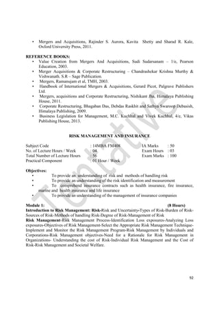 92
• Mergers and Acquisitions, Rajinder S. Aurora, Kavita Shetty and Sharad R. Kale,
Oxford University Press, 2011.
REFERENCE BOOKS:
• Value Creation from Mergers And Acquisitions, Sudi Sudarsanam – 1/e, Pearson
Education, 2003.
• Merger Acquisitions & Corporate Restructuring – Chandrashekar Krishna Murthy &
Vishwanath. S.R – Sage Publication.
• Mergers, Ramanujam et al, TMH, 2003.
• Handbook of International Mergers & Acquisitions, Gerard Picot, Palgrave Publishers
Ltd.
• Mergers, acquisitions and Corporate Restructuring, Nishikant Jha, Himalaya Publishing
House, 2011.
• Corporate Restructuring, Bhagaban Das, Debdas Raskhit and Sathya Swaroop Debasish,
Himalaya Publishing, 2009.
• Business Legislation for Management, M.C. Kuchhal and Vivek Kuchhal, 4/e, Vikas
Publishing House, 2013.
RISK MANAGEMENT AND INSURANCE
Subject Code : 14MBA FM408 IA Marks : 50
No. of Lecture Hours / Week : 04 Exam Hours : 03
Total Number of Lecture Hours : 56 Exam Marks : 100
Practical Component : 01 Hour / Week
Objectives:
• To provide an understanding of risk and methods of handling risk
• To provide an understanding of the risk identification and measurement
• To comprehend insurance contracts such as health insurance, fire insurance,
marine and health insurance and life insurance
• To provide an understanding of the management of insurance companies
Module 1: (8 Hours)
Introduction to Risk Management: Risk-Risk and Uncertainty-Types of Risk-Burden of Risk-
Sources of Risk-Methods of handling Risk-Degree of Risk-Management of Risk
Risk Management-Risk Management Process-Identification Loss exposures-Analyzing Loss
exposures-Objectives of Risk Management-Select the Appropriate Risk Management Technique-
Implement and Monitor the Risk Management Program-Risk Management by Individuals and
Corporations-Risk Management objectives-Need for a Rationale for Risk Management in
Organizations- Understanding the cost of Risk-Individual Risk Management and the Cost of
Risk-Risk Management and Societal Welfare.
 