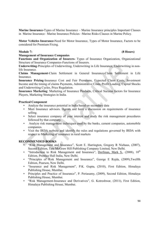 94
Marine Insurance-Types of Marine Insurance – Marine Insurance principles Important Clauses
in Marine Insurance– Marine Insurance Policies –Marine Risks-Clauses in Marine Policy.
Motor Vehicles Insurance-Need for Motor Insurance, Types of Motor Insurance, Factors to be
considered for Premium Fixing.
Module 7: (8 Hours)
Management of Insurance Companies
Functions and Organization of Insurers- Types of Insurance Organization, Organizational
Structure of Insurance Companies-Functions of Insurers.
Underwriting-Principles of Underwriting, Underwriting in Life Insurance, Underwriting in non-
life Insurance.
Claims Management-Claim Settlement in General Insurance-Claim Settlement in Life
Insurance.
Insurance Pricing-Insurance Cost and Fair Premiums, Expected Claim Costs, Investment
Income and the timing of claims Payments, Administrative Costs, Profit Loading, Capital Shocks
and Underwriting Cycles, Price Regulation.
Insurance Marketing: Marketing of Insurance Products, Critical Success factors for Insurance
Players, Marketing Strategies in India.
Practical Component
• Analyze the insurance potential in India based on secondary data
• Meet Insurance advisors. Agents and have a discussion on requirements of insurance
selling.
• Select insurance company of your interest and study the risk management procedures
followed by that company.
• Analyze risk management techniques used by the banks, cement companies, automobile
companies.
• Visit the IRDA website and identify the rules and regulations governed by IRDA with
respect to Marketing of insurance in rural markets
RECOMMENDED BOOKS
• “Risk Management and Insurance”, Scott E. Harrington, Gregory R Niehaus, (2007),
Second Edition, Tata McGraw Hill Publishing Company Limited, New Delhi.
• “Introduction to Risk Management and Insurance”, Dorfman, Mark S., (2008), 10th
Edition, Prentice Hall India, New Delhi.
• “Principles of Risk Management and Insurance”, George E Rejda, (2009),Twelfth
Edition, Pearson, New Delhi.
• “Insurance and Risk Management”, P.K. Gupta, (2010), First Edition, Himalaya
Publishing House, Mumbai.
• Principles and Practice of Insurance”, P. Periasamy, (2009), Second Edition, Himalaya
Publishing House, Mumbai.
• “Risk Management-Insurance and Derivatives”, G. Kotreshwar, (2011), First Edition,
Himalaya Publishing House, Mumbai.
 