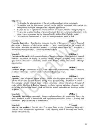 99
Objectives:
• To describe the characteristics of the relevant financial derivative instruments
• To explain how the instruments covered can be used to implement basic market risk
management strategies, appropriate for corporate applications
• Explain the use of options and futures contracts for tactical portfolio strategies purpose
• To provide an understanding of pricing financial derivatives, including familiarity with
some central techniques, like the binomial model, and the Black-Scholes model
• To explain the fundamentals of credit risk management and Value at Risk
Module 1: (4 Hours)
Financial Derivatives - Introduction, economic benefits of derivatives - Types of financial
derivatives - Features of derivatives market - Factors contributing to the growth of
derivatives - functions of derivative markets - Exchange traded versus OTC derivatives -
traders in derivatives markets - Derivatives market in India
Module 2: (10 Hours)
Futures and forwards - differences-valuation of futures, valuation of long and short forward
contract. Mechanics of buying & selling futures, Margins, Hedging using futures -
specification of futures - Commodity futures, Index futures, interest rate futures - arbitrage
opportunities.
Module 3: (8 Hours)
Financial Swaps - features and uses of swaps - Mechanics of interest rate swaps – valuation
of interest rate swaps – currency swaps – valuation of currency swaps.
Module 4: (12 Hours)
Options: Types of options, option pricing, factors affecting option pricing – call and put
options on dividend and non-dividend paying stocks put-call parity - mechanics of options -
stock options - options on stock index - options on futures – interest rate options. Concept of
exotic option. Hedging & Trading strategies involving options, valuation of option: basic
model, one step binomial model, Black and Scholes Model, option Greeks. Arbitrage profits
in options.
Module 5: (7 Hours)
Commodity derivatives: commodity futures market-exchanges for commodity futures in
India, Forward Market Commissions and regulation-commodities traded – trading and
settlements – physical delivery of commodities.
Module 6: (7 Hours)
Interest rate markets - Type of rates, Zero rates, Bond pricing, Determining Zero rates,
Forward rules, Forward rate agreements (FRA), Treasury bond & Treasury note futures,
Interest rate derivatives.
 
