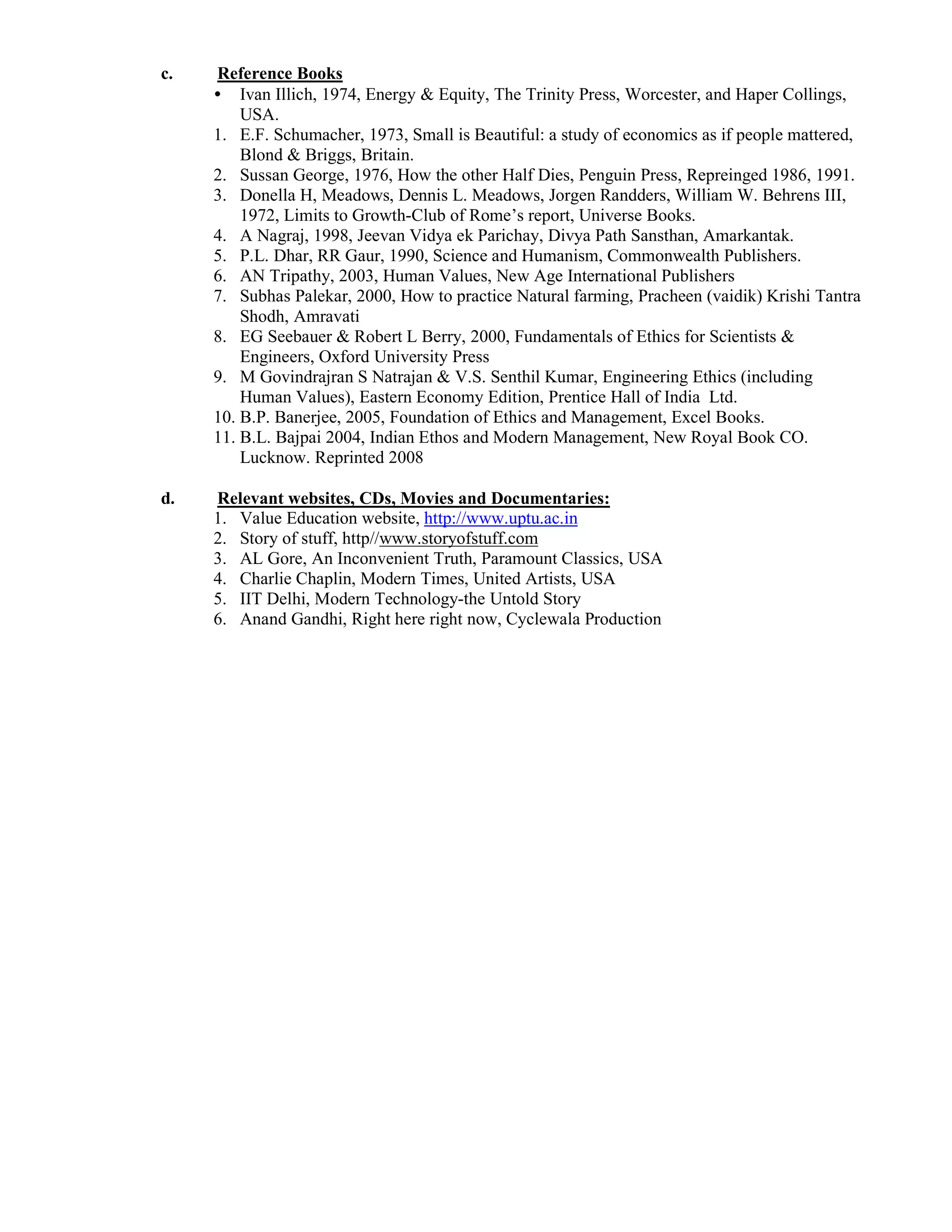 c. Reference Books
• Ivan Illich, 1974, Energy & Equity, The Trinity Press, Worcester, and Haper Collings,
USA.
1. E.F. Schumacher, 1973, Small is Beautiful: a study of economics as if people mattered,
Blond & Briggs, Britain.
2. Sussan George, 1976, How the other Half Dies, Penguin Press, Repreinged 1986, 1991.
3. Donella H, Meadows, Dennis L. Meadows, Jorgen Randders, William W. Behrens III,
1972, Limits to Growth-Club of Rome’s report, Universe Books.
4. A Nagraj, 1998, Jeevan Vidya ek Parichay, Divya Path Sansthan, Amarkantak.
5. P.L. Dhar, RR Gaur, 1990, Science and Humanism, Commonwealth Publishers.
6. AN Tripathy, 2003, Human Values, New Age International Publishers
7. Subhas Palekar, 2000, How to practice Natural farming, Pracheen (vaidik) Krishi Tantra
Shodh, Amravati
8. EG Seebauer & Robert L Berry, 2000, Fundamentals of Ethics for Scientists &
Engineers, Oxford University Press
9. M Govindrajran S Natrajan & V.S. Senthil Kumar, Engineering Ethics (including
Human Values), Eastern Economy Edition, Prentice Hall of India Ltd.
10. B.P. Banerjee, 2005, Foundation of Ethics and Management, Excel Books.
11. B.L. Bajpai 2004, Indian Ethos and Modern Management, New Royal Book CO.
Lucknow. Reprinted 2008
d. Relevant websites, CDs, Movies and Documentaries:
1. Value Education website, http://www.uptu.ac.in
2. Story of stuff, http//www.storyofstuff.com
3. AL Gore, An Inconvenient Truth, Paramount Classics, USA
4. Charlie Chaplin, Modern Times, United Artists, USA
5. IIT Delhi, Modern Technology-the Untold Story
6. Anand Gandhi, Right here right now, Cyclewala Production
 