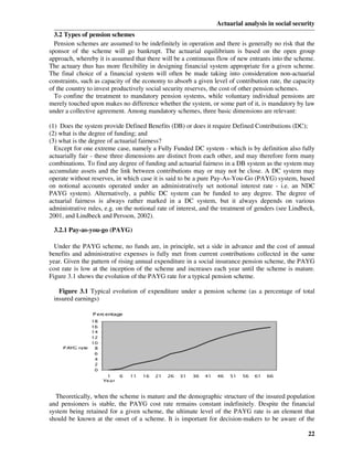 Actuarial analysis in social security
  3.2 Types of pension schemes
  Pension schemes are assumed to be indefinitely in operation and there is generally no risk that the
sponsor of the scheme will go bankrupt. The actuarial equilibrium is based on the open group
approach, whereby it is assumed that there will be a continuous flow of new entrants into the scheme.
The actuary thus has more flexibility in designing financial system appropriate for a given scheme.
The final choice of a financial system will often be made taking into consideration non-actuarial
constraints, such as capacity of the economy to absorb a given level of contribution rate, the capacity
of the country to invest productively social security reserves, the cost of other pension schemes.
  To confine the treatment to mandatory pension systems, while voluntary individual pensions are
merely touched upon makes no difference whether the system, or some part of it, is mandatory by law
under a collective agreement. Among mandatory schemes, three basic dimensions are relevant:

(1) Does the system provide Defined Benefits (DB) or does it require Defined Contributions (DC);
(2) what is the degree of funding; and
(3) what is the degree of actuarial fairness?
  Except for one extreme case, namely a Fully Funded DC system - which is by definition also fully
actuarially fair - these three dimensions are distinct from each other, and may therefore form many
combinations. To find any degree of funding and actuarial fairness in a DB system as the system may
accumulate assets and the link between contributions may or may not be close. A DC system may
operate without reserves, in which case it is said to be a pure Pay-As-You-Go (PAYG) system, based
on notional accounts operated under an administratively set notional interest rate - i.e. an NDC
PAYG system). Alternatively, a public DC system can be funded to any degree. The degree of
actuarial fairness is always rather marked in a DC system, but it always depends on various
administrative rules, e.g. on the notional rate of interest, and the treatment of genders (see Lindbeck,
2001, and Lindbeck and Persson, 2002).

 3.2.1 Pay-as-you-go (PAYG)

  Under the PAYG scheme, no funds are, in principle, set a side in advance and the cost of annual
benefits and administrative expenses is fully met from current contributions collected in the same
year. Given the pattern of rising annual expenditure in a social insurance pension scheme, the PAYG
cost rate is low at the inception of the scheme and increases each year until the scheme is mature.
Figure 3.1 shows the evolution of the PAYG rate for a typical pension scheme.

   Figure 3.1 Typical evolution of expenditure under a pension scheme (as a percentage of total
 insured earnings)

                 P ercentage
                18
                16
                14
                12
                10
     P AYG rate  8
                 6
                 4
                 2
                 0
                      1     6   11   16   21   26   31   36   41   46   51   56   61   66
                     Year



  Theoretically, when the scheme is mature and the demographic structure of the insured population
and pensioners is stable, the PAYG cost rate remains constant indefinitely. Despite the financial
system being retained for a given scheme, the ultimate level of the PAYG rate is an element that
should be known at the onset of a scheme. It is important for decision-makers to be aware of the

                                                                                                     22
 
