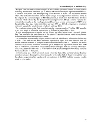Actuarial analysis in social security
  For year 2010, the most dramatical impact of the additional parametric change is caused by both
increasing the minimum retirement age to 50/55 (F/M) and decreasing the replacement rate to 50%
as observed from Table 4.14. The impacts by Mixed Scenario 1, 4 and 5 are much more than the
others. The least additional effect is borne by the change in social parameters mentioned above. In
the long run, the additional impact of Mixed Scenario 1, is much more than the others. The least
additional effect is borne by the change in the social parameters. Mixed Scenario 7 enables the
system to have surplus at the very beginning and leads to an average improvement of 72.9% over
the ratio of the Base Case for the period between years 2000 and 2030. It is important to note that it
is the only scenario for which the ratio is below 1 until year 2050.
  The results show that regular State contribution to the system as much as 1% of the GDP annually,
in any case, results in substantial improvement in the financial status of the system.
  Several scenario analysis are carried out and all pure and mixed scenarios are compared with the
Base Case simulating the natural course of the system. Expenditure/revenue ratios are used as the
performance measures in comparing scenarios.
  The results indicate that among the pure scenarios, only the scenario with minimum retirement age
of 60/65 (F/M) and the one which envisages significantly higher real wage increase than real
pension increase are found to bring the expenditure/revenue ratio down to 1. However, the mixed
scenario which assumes minimum retirement age of 50/55 (F/M), replacement rate of 50%, 6000
days of contribution, contribution collection rate of 95% until year 2030 and coverage rate of 50%
until year 2010 results in the ratio to decrease below 1.00. Each added parametric change improves
the financial status of the system.
  So the findings as a whole are much more optimistic than public and international financial
institution forecasts, deeming the system financially unviable by 2025. It should be noted that when
the policies are put into effect together with reorganization of the TSSS itself, the expected benefits
would be even higher.




                                                                                                    54
 