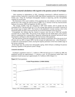 Actuarial analysis in social security



5. Some actuarial calculations with regards to the pension system of Azerbaijan

    After regaining its independence in 1991, Azerbaijan experienced a difficult transition to a
market economy, marked by a steep fall in GDP, high inflation, population loss, and continuing low
fertility rates. Today the Azerbaijani demographic situation is improving, and this will probably
continue for several years.
   The betterment of the social condition of the population has also endured, so that the economic
growth rate in the country has sped up more in 2006. 35.1 % increase in the key macroeconomic
indicator of economy, GDP, has happened. (In 2005 was 26%)
    The average monthly wage has amounted to AZN 182.8 manats, and its growth rate has
constituted 26.4%. (Income growth was 37%) The average labor pension was around 33 percent of
the average wage in August, 2007. The increase in the population’s income causing a raise in the
purchasing ability has been a factor paving the way for the development of the real sector.
   Consequently, the inflation that has started to increase since the end of 2004 had annually
exceeded 16% in August 2007. The passing of the inflation into the double-digits course posed a
threat to establishing new working places, negatively influencing the economic and non-oil sector
development, and began to effect the daily life of all sections of the population.
   The state pension system has managed to keep the majority of pensioners above the poverty level
(Poverty rate was 20% in August 2007), but the average net replacement rate – about 40 percent –
is rather low in the European context, leaving the majority pensioners in the lower-middle range of
the income continuum.
  In the longer time, the country faces demographic ageing, which will pose a challenge for pension
financing, regardless of the pension system’s design.

Actuarial calculations

  Azerbaijan’s population stood at 7, 1 million in 1990, but had risen to 8, 5 million by 2006, the
population growth rate approximately 1, 1 percent a year. As UN projection model finds, total
population would increase up to approximately 10, 5 million in 2050. (Figure 5.1)

Figure 5.1 Total population
                           T otal Population (1990-2050)

  12 000




  10 000




   8 000




   6 000




   4 000




   2 000




      0
      1990   1995   2000   2005   2010   2015   2020   2025   2030   2035   2040   2045   2050


                     Medium              High          Low           Constant

 Source: UN’s World population projection model

                                                                                                 55
 