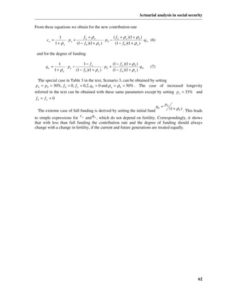 Actuarial analysis in social security

From these equations we obtain for the new contribution rate

                 1               fn + ρn               ( f + ρ n )(1 + ρ 0 )
       cn =          ⋅ pn +                      ⋅ p0 − n                    ⋅q 0 (6)
              1 + ρn        (1 − f 0 )(1 + ρ n )        (1 − f 0 )(1 + ρ n )

 and for the degree of funding

                 1               1− fn                  (1 − f n )(1 + ρ 0 )
       qn =          ⋅ pn −                      ⋅ p0 +                      ⋅q 0   (7)
              1 + ρn        (1 − f 0 )(1 + ρ n )        (1 − f 0 )(1 + ρ n )

  The special case in Table 3 in the text, Scenario 3, can be obtained by setting
 p n = p 0 = 30%, f 0 = 0, f n = 0,2, q 0 = 0 and ρ n = ρ 0 = 50% . The case of increased longevity
referred in the text can be obtained with these same parameters except by setting p n = 33% and
 f0 = fn = 0
                                                                                p
                                                                            q0 = 0
  The extreme case of full funding is derived by setting the initial fund          (1 + ρ 0 ) . This leads

to simple expressions for c n and q n , which do not depend on fertility. Correspondingly, it shows
that with less than full funding the contribution rate and the degree of funding should always
change with a change in fertility, if the current and future generations are treated equally.




                                                                                                               62
 