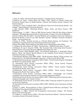 Actuarial analysis in social security




References


1-Aaron, H. (1966): “The Social Insurance Paradox,” Canadian Journal of Economics
2-Anderson, R. (2001): “United States Life Tables, 1998,” Centers for Disease Control and
Prevention, Natural Center for Health Statistics, National Vital Statistics System, National Vital
Statistics Reports
3-Auerbach, A. and L. Kotlikoff (1985): “The Efficiency Gains from Social Security Benefit - Tax
Linkage,” National Bureau of Economic Research
4- Barr, Nicholas (2000), “Reforming Pensions: Myths, Truths, and Policy Choices”, IMF
WP/00/139
5-Börsch-Supan , A. (2003): “ What are NDC Pension Systems? What Do They Bring to Reform
Strategies?” Mannheim Research Institute for the Economics of Aging, University of Mannheim,
6-David Collinson MA FIA (2001) “Actuarial Methods and Assumptions used in the Valuation of
Retirement Benefits in the EU and other European countries” European Actuarial Consultative
Group, www.gcactuaries.org
7-Disney, R. (1999): “Notional Accounts as a Pension Reform Strategy: An Evaluation,” The
World Bank, Social Protection Unit, Social Protection Discussion Paper
8-Elaine Fultz (2006) “Pension Reform in the Baltic States” International Labour Office
9- Feldstein, M. and Liebman J. B. (2002), "Social Security", NBER Working Papers, No.8451
10-Feldstein, M. and A. Samwick (1996): “The Transition Path in Privatizing Social Security,”
National Bureau of Economic Research, NBER Working Papers No. 5761
11-Hazim Tayseer Saleh Rahahleh (2005) “The Financial Implications of Sustainable Pension
Reform: Theory and Scheme Specific-Options for the Jordanian Social Security Corporation”
Darmstadt University of Technology
12-International Monetary Fund (IMF) (2004): “World Economic Outlook, World economic and
Financial Survey: The Global Demographic Transition,” A Survey by the Staff of IMF
13-International Social Security Association (ISSA) (2002): “Social Security Programs Throughout
the World: Asia and the Pacific, 2002,”
14- International Social Security Association (ISSA) (2002): “Social Security Programs
Throughout the World: Europe, 2004,”
15-International Social Security Association (ISSA) (2003a): “Social Security Programs
Throughout the World: Africa, 2003,”
16-International Social Security Association (ISSA) (2003b): “Social Security Programs
Throughout the World: The Americas, 2003,”
17-International Social Security Association (ISSA) (2007): “Demographic and economic
assumptions used in actuarial valuations of social security and pension schemes”
18-International Social Security Association (ISSA) (2007):”Optimizing pension financing under a
changing demography and a volatile economy”
19- International Social Security Association (ISSA) (2007): Projecting methods for pension and
social security financing “
20- International Social Security Association (ISSA) (2007): Methods used in drawing up mortality
projections”
21-James, E. (1999): “Pension Reform: Is There a Tradeoff between Efficiency and Equity?” The
World Bank, Policy Research Working Paper No. 1767
22-Lindbeck, A. (2002): “Pension and Contemporary Socioeconomic Change,” The National
Bureau of Economic Research
23- Lindbeck, A. and M. Persson (2003): “The Gains from Pension Reform,” American Economic
Association, Journal of Economic Literature

                                                                                               63
 