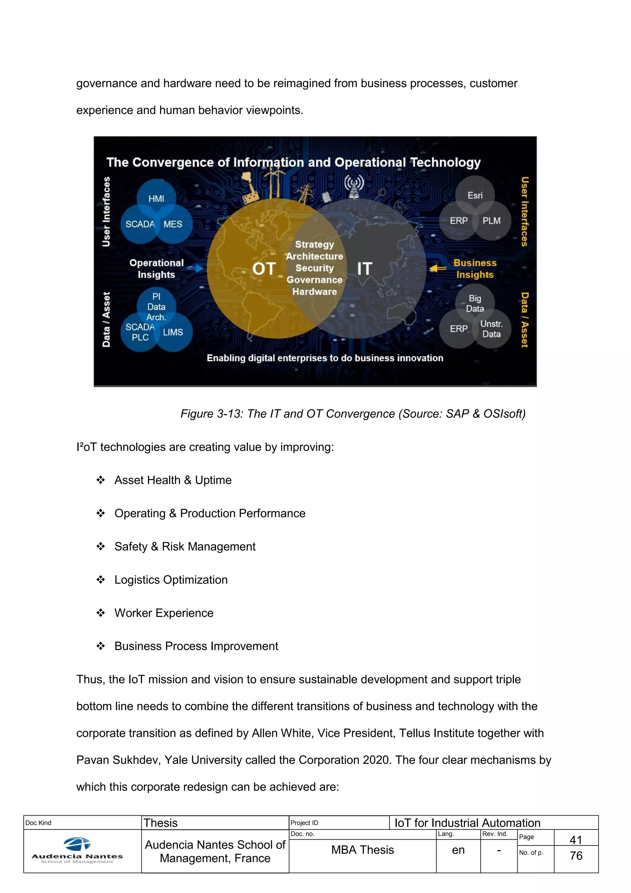 Doc Kind Thesis Project ID IoT for Industrial Automation
Audencia Nantes School of
Management, France
Doc. no. Lang. Rev. Ind.
Page
41
MBA Thesis en - No. of p.
76
governance and hardware need to be reimagined from business processes, customer
experience and human behavior viewpoints.
Figure 3-13: The IT and OT Convergence (Source: SAP & OSIsoft)
I²oT technologies are creating value by improving:
 Asset Health & Uptime
 Operating & Production Performance
 Safety & Risk Management
 Logistics Optimization
 Worker Experience
 Business Process Improvement
Thus, the IoT mission and vision to ensure sustainable development and support triple
bottom line needs to combine the different transitions of business and technology with the
corporate transition as defined by Allen White, Vice President, Tellus Institute together with
Pavan Sukhdev, Yale University called the Corporation 2020. The four clear mechanisms by
which this corporate redesign can be achieved are:
 