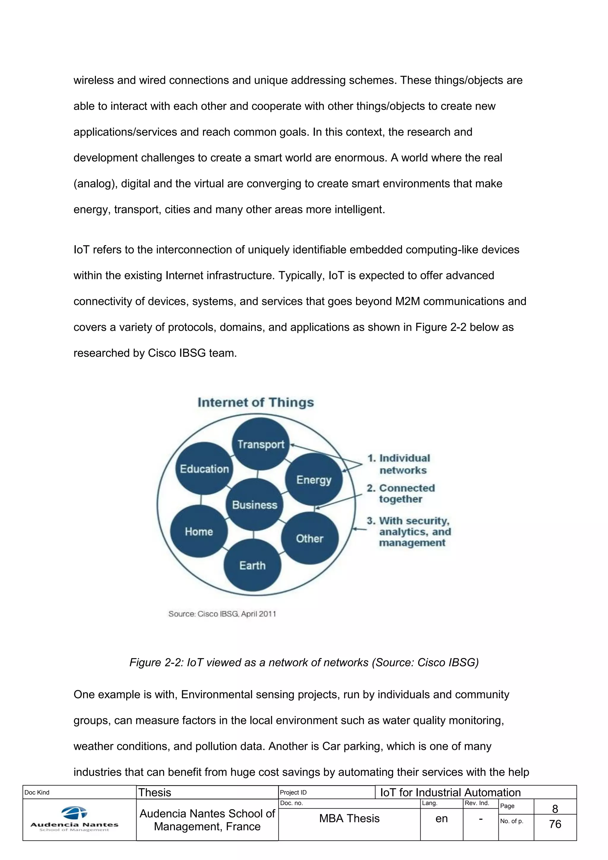 Doc Kind Thesis Project ID IoT for Industrial Automation
Audencia Nantes School of
Management, France
Doc. no. Lang. Rev. Ind.
Page
8
MBA Thesis en - No. of p.
76
wireless and wired connections and unique addressing schemes. These things/objects are
able to interact with each other and cooperate with other things/objects to create new
applications/services and reach common goals. In this context, the research and
development challenges to create a smart world are enormous. A world where the real
(analog), digital and the virtual are converging to create smart environments that make
energy, transport, cities and many other areas more intelligent.
IoT refers to the interconnection of uniquely identifiable embedded computing-like devices
within the existing Internet infrastructure. Typically, IoT is expected to offer advanced
connectivity of devices, systems, and services that goes beyond M2M communications and
covers a variety of protocols, domains, and applications as shown in Figure 2-2 below as
researched by Cisco IBSG team.
Figure 2-2: IoT viewed as a network of networks (Source: Cisco IBSG)
One example is with, Environmental sensing projects, run by individuals and community
groups, can measure factors in the local environment such as water quality monitoring,
weather conditions, and pollution data. Another is Car parking, which is one of many
industries that can benefit from huge cost savings by automating their services with the help
 