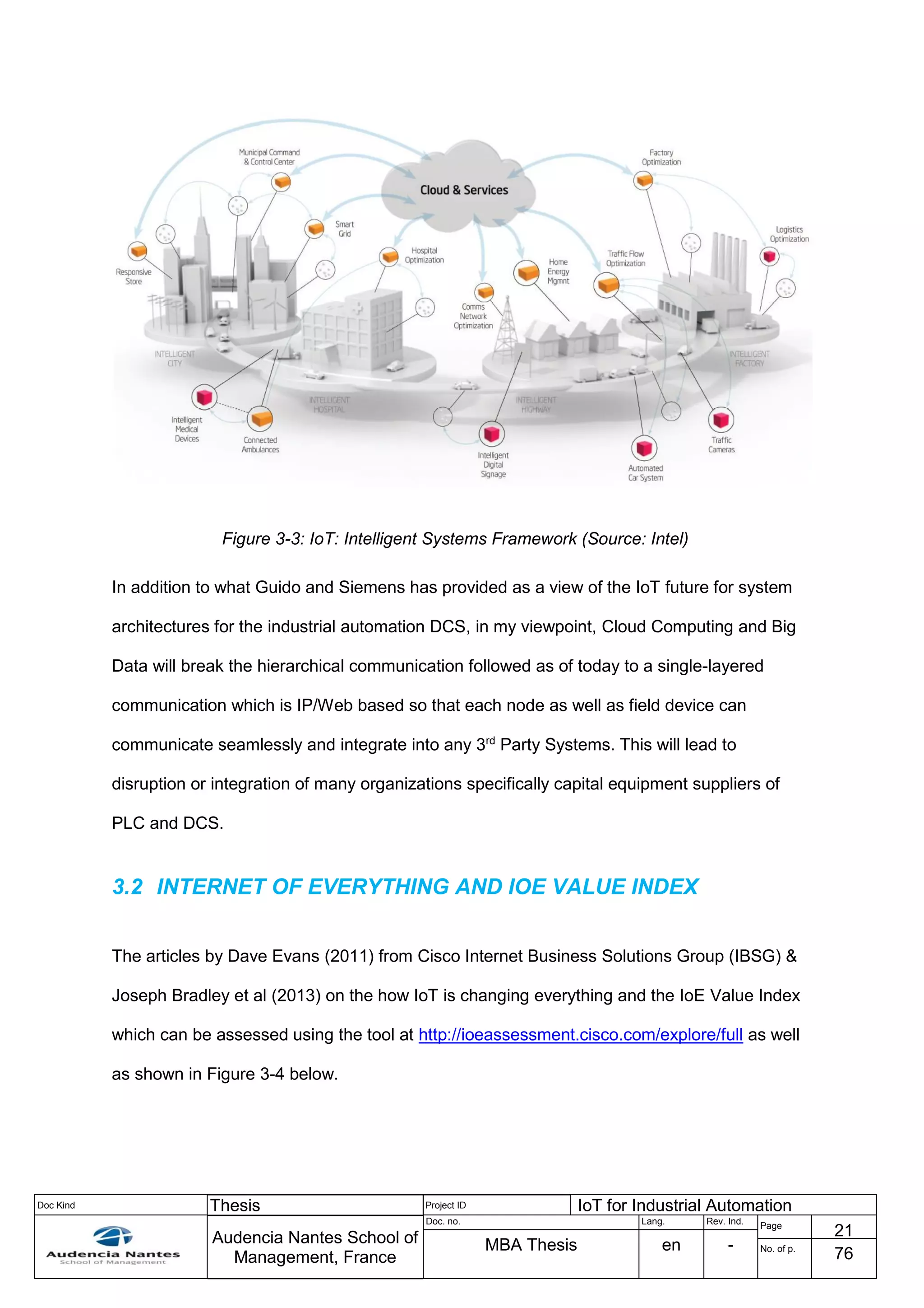 Doc Kind Thesis Project ID IoT for Industrial Automation
Audencia Nantes School of
Management, France
Doc. no. Lang. Rev. Ind.
Page
21
MBA Thesis en - No. of p.
76
Figure 3-3: IoT: Intelligent Systems Framework (Source: Intel)
In addition to what Guido and Siemens has provided as a view of the IoT future for system
architectures for the industrial automation DCS, in my viewpoint, Cloud Computing and Big
Data will break the hierarchical communication followed as of today to a single-layered
communication which is IP/Web based so that each node as well as field device can
communicate seamlessly and integrate into any 3rd
Party Systems. This will lead to
disruption or integration of many organizations specifically capital equipment suppliers of
PLC and DCS.
3.2 INTERNET OF EVERYTHING AND IOE VALUE INDEX
The articles by Dave Evans (2011) from Cisco Internet Business Solutions Group (IBSG) &
Joseph Bradley et al (2013) on the how IoT is changing everything and the IoE Value Index
which can be assessed using the tool at http://ioeassessment.cisco.com/explore/full as well
as shown in Figure 3-4 below.
 