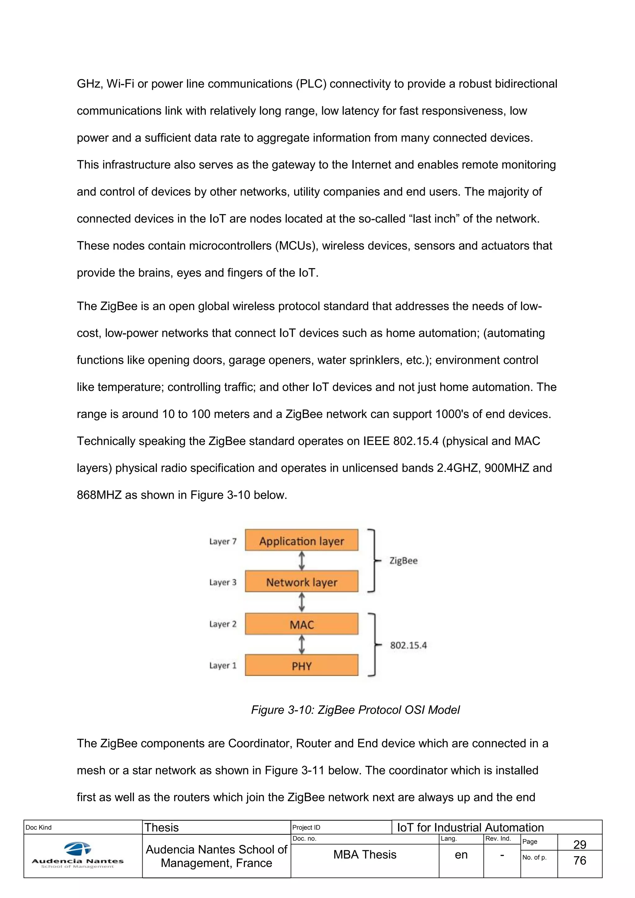 Doc Kind Thesis Project ID IoT for Industrial Automation
Audencia Nantes School of
Management, France
Doc. no. Lang. Rev. Ind.
Page
29
MBA Thesis en - No. of p.
76
GHz, Wi-Fi or power line communications (PLC) connectivity to provide a robust bidirectional
communications link with relatively long range, low latency for fast responsiveness, low
power and a sufficient data rate to aggregate information from many connected devices.
This infrastructure also serves as the gateway to the Internet and enables remote monitoring
and control of devices by other networks, utility companies and end users. The majority of
connected devices in the IoT are nodes located at the so-called “last inch” of the network.
These nodes contain microcontrollers (MCUs), wireless devices, sensors and actuators that
provide the brains, eyes and fingers of the IoT.
The ZigBee is an open global wireless protocol standard that addresses the needs of low-
cost, low-power networks that connect IoT devices such as home automation; (automating
functions like opening doors, garage openers, water sprinklers, etc.); environment control
like temperature; controlling traffic; and other IoT devices and not just home automation. The
range is around 10 to 100 meters and a ZigBee network can support 1000's of end devices.
Technically speaking the ZigBee standard operates on IEEE 802.15.4 (physical and MAC
layers) physical radio specification and operates in unlicensed bands 2.4GHZ, 900MHZ and
868MHZ as shown in Figure 3-10 below.
Figure 3-10: ZigBee Protocol OSI Model
The ZigBee components are Coordinator, Router and End device which are connected in a
mesh or a star network as shown in Figure 3-11 below. The coordinator which is installed
first as well as the routers which join the ZigBee network next are always up and the end
 