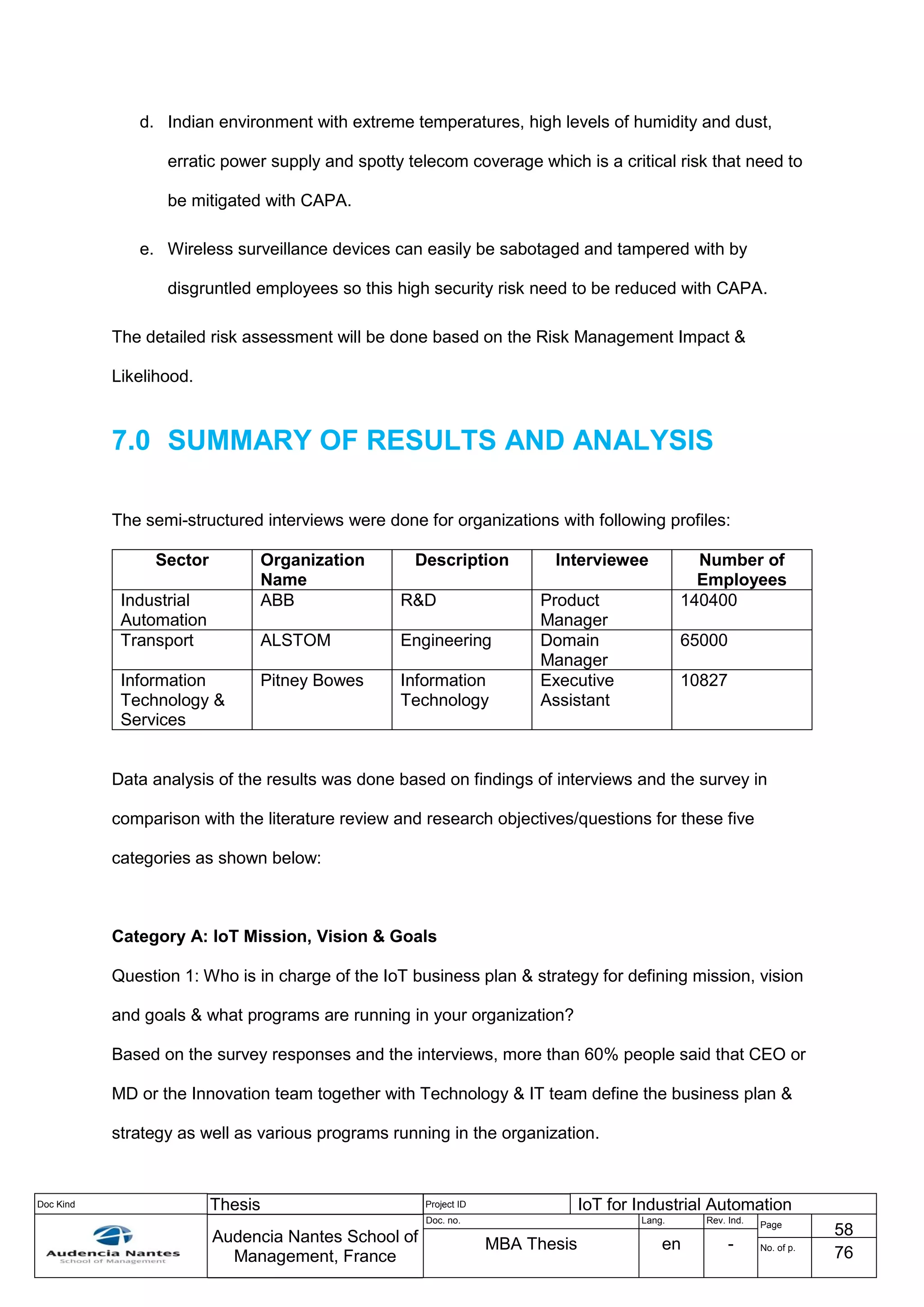Doc Kind Thesis Project ID IoT for Industrial Automation
Audencia Nantes School of
Management, France
Doc. no. Lang. Rev. Ind.
Page
58
MBA Thesis en - No. of p.
76
d. Indian environment with extreme temperatures, high levels of humidity and dust,
erratic power supply and spotty telecom coverage which is a critical risk that need to
be mitigated with CAPA.
e. Wireless surveillance devices can easily be sabotaged and tampered with by
disgruntled employees so this high security risk need to be reduced with CAPA.
The detailed risk assessment will be done based on the Risk Management Impact &
Likelihood.
7.0 SUMMARY OF RESULTS AND ANALYSIS
The semi-structured interviews were done for organizations with following profiles:
Sector Organization
Name
Description Interviewee Number of
Employees
Industrial
Automation
ABB R&D Product
Manager
140400
Transport ALSTOM Engineering Domain
Manager
65000
Information
Technology &
Services
Pitney Bowes Information
Technology
Executive
Assistant
10827
Data analysis of the results was done based on findings of interviews and the survey in
comparison with the literature review and research objectives/questions for these five
categories as shown below:
Category A: IoT Mission, Vision & Goals
Question 1: Who is in charge of the IoT business plan & strategy for defining mission, vision
and goals & what programs are running in your organization?
Based on the survey responses and the interviews, more than 60% people said that CEO or
MD or the Innovation team together with Technology & IT team define the business plan &
strategy as well as various programs running in the organization.
 