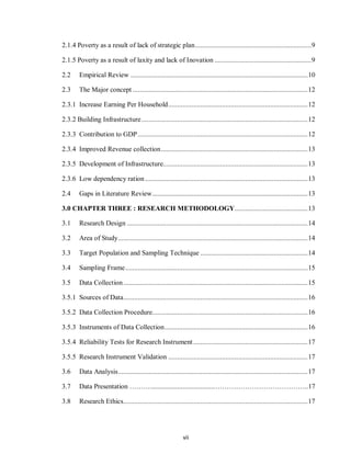 vii
2.1.4 Poverty as a result of lack of strategic plan.................................................................9
2.1.5 Poverty as a result of laxity and lack of Inovation ......................................................9
2.2 Empirical Review ...................................................................................................10
2.3 The Major concept ..................................................................................................12
2.3.1 Increase Earning Per Household..............................................................................12
2.3.2 Building Infrastructure.............................................................................................12
2.3.3 Contribution to GDP...............................................................................................12
2.3.4 Improved Revenue collection..................................................................................13
2.3.5 Development of Infrastructure.................................................................................13
2.3.6 Low dependency ration...........................................................................................13
2.4 Gaps in Literature Review.......................................................................................13
3.0 CHAPTER THREE : RESEARCH METHODOLOGY.........................................13
3.1 Research Design .....................................................................................................14
3.2 Area of Study..........................................................................................................14
3.3 Target Population and Sampling Technique ............................................................14
3.4 Sampling Frame......................................................................................................15
3.5 Data Collection.......................................................................................................15
3.5.1 Sources of Data.......................................................................................................16
3.5.2 Data Collection Procedure.......................................................................................16
3.5.3 Instruments of Data Collection................................................................................16
3.5.4 Reliability Tests for Research Instrument................................................................17
3.5.5 Research Instrument Validation ..............................................................................17
3.6 Data Analysis..........................................................................................................17
3.7 Data Presentation ………....................................…………………………………..17
3.8 Research Ethics.......................................................................................................17
 