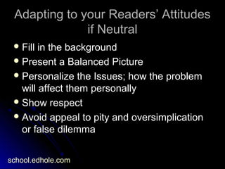 Adapting to your Readers’ AttitudesAdapting to your Readers’ Attitudes
if Neutralif Neutral
 Fill in the backgroundFill in the background
 Present a Balanced PicturePresent a Balanced Picture
 Personalize the Issues; how the problemPersonalize the Issues; how the problem
will affect them personallywill affect them personally
 Show respectShow respect
 Avoid appeal to pity and oversimplicationAvoid appeal to pity and oversimplication
or false dilemmaor false dilemma
school.edhole.com
 