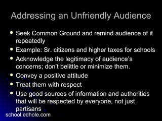 Addressing an Unfriendly AudienceAddressing an Unfriendly Audience
 Seek Common Ground and remind audience of itSeek Common Ground and remind audience of it
repeatedlyrepeatedly
 Example: Sr. citizens and higher taxes for schoolsExample: Sr. citizens and higher taxes for schools
 Acknowledge the legitimacy of audience’sAcknowledge the legitimacy of audience’s
concerns; don’t belittle or minimize them.concerns; don’t belittle or minimize them.
 Convey a positive attitudeConvey a positive attitude
 Treat them with respectTreat them with respect
 Use good sources of information and authoritiesUse good sources of information and authorities
that will be respected by everyone, not justthat will be respected by everyone, not just
partisanspartisans
school.edhole.com
 