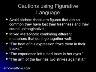 Cautions using FigurativeCautions using Figurative
LanguageLanguage
 Avoid cliches: these are figures that are soAvoid cliches: these are figures that are so
common they have lost their freshness and theycommon they have lost their freshness and they
sound unimaginativesound unimaginative
 Mixed Metaphors: combining differentMixed Metaphors: combining different
metaphors that don’t go together well.metaphors that don’t go together well.
 ““The heat of his expression froze them in theirThe heat of his expression froze them in their
tracks.”tracks.”
 ““The experience left a bad taste in her eyes.”The experience left a bad taste in her eyes.”
 ““The arm of the law has two strikes against it.”The arm of the law has two strikes against it.”
school.edhole.com
 