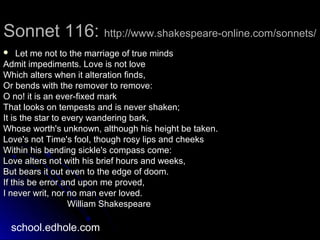 Sonnet 116:Sonnet 116: http://www.shakespeare-online.com/sonnets/http://www.shakespeare-online.com/sonnets/
 Let me not to the marriage of true mindsLet me not to the marriage of true minds
Admit impediments. Love is not loveAdmit impediments. Love is not love
Which alters when it alteration finds,Which alters when it alteration finds,
Or bends with the remover to remove:Or bends with the remover to remove:
O no! it is an ever-fixed markO no! it is an ever-fixed mark
That looks on tempests and is never shaken;That looks on tempests and is never shaken;
It is the star to every wandering bark,It is the star to every wandering bark,
Whose worth's unknown, although his height be taken.Whose worth's unknown, although his height be taken.
Love's not Time's fool, though rosy lips and cheeksLove's not Time's fool, though rosy lips and cheeks
Within his bending sickle's compass come:Within his bending sickle's compass come:
Love alters not with his brief hours and weeks,Love alters not with his brief hours and weeks,
But bears it out even to the edge of doom.But bears it out even to the edge of doom.
If this be error and upon me proved,If this be error and upon me proved,
I never writ, nor no man ever loved.I never writ, nor no man ever loved.
William ShakespeareWilliam Shakespeare
school.edhole.com
 