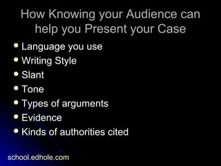 How Knowing your Audience canHow Knowing your Audience can
help you Present your Casehelp you Present your Case
 Language you useLanguage you use
 Writing StyleWriting Style
 SlantSlant
 ToneTone
 Types of argumentsTypes of arguments
 EvidenceEvidence
 Kinds of authorities citedKinds of authorities cited
school.edhole.com
 