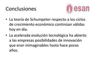 ConclusionesLa teoría de Schumpeter respecto a los ciclos de crecimiento económico continúan válidas hoy en día.La acelerada evolución tecnológica ha abierto a las empresas posibilidades de innovación que eran inimaginables hasta hace pocos años.