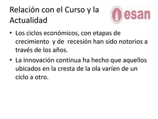 Relación con el Curso y la ActualidadLos ciclos económicos, con etapas de crecimiento  y de  recesión han sido notorios a través de los años.La innovación continua ha hecho que aquellos ubicados en la cresta de la ola varíen de un ciclo a otro.