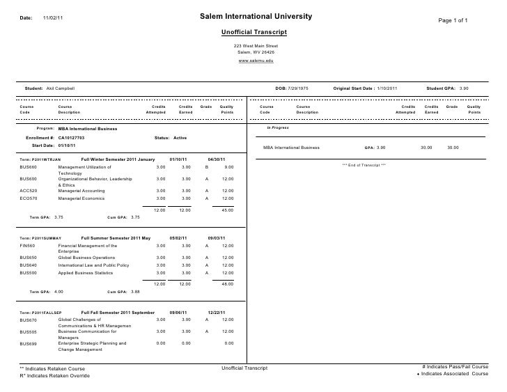 MBA Transcript - November, 2011
