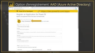https://dev.powerbi.com/apps
Option d’enregistrement: AAD [Azure Active Directory]
 