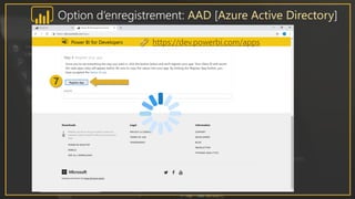 https://dev.powerbi.com/apps
Option d’enregistrement: AAD [Azure Active Directory]
 