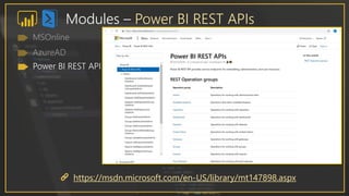 Modules – Power BI REST APIs
https://msdn.microsoft.com/en-US/library/mt147898.aspx
Power BI REST API
 