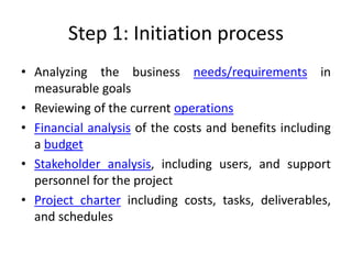 Step 1: Initiation process
• Analyzing the business needs/requirements in
measurable goals
• Reviewing of the current operations
• Financial analysis of the costs and benefits including
a budget
• Stakeholder analysis, including users, and support
personnel for the project
• Project charter including costs, tasks, deliverables,
and schedules
 