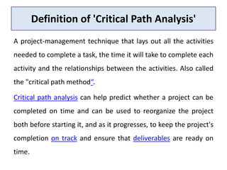 Definition of 'Critical Path Analysis'
A project-management technique that lays out all the activities
needed to complete a task, the time it will take to complete each
activity and the relationships between the activities. Also called
the "critical path method“.
Critical path analysis can help predict whether a project can be
completed on time and can be used to reorganize the project
both before starting it, and as it progresses, to keep the project's
completion on track and ensure that deliverables are ready on
time.
 