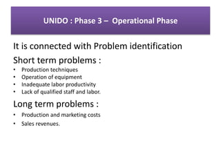 UNIDO : Phase 3 – Operational Phase
It is connected with Problem identification
Short term problems :
• Production techniques
• Operation of equipment
• Inadequate labor productivity
• Lack of qualified staff and labor.
Long term problems :
• Production and marketing costs
• Sales revenues.
 