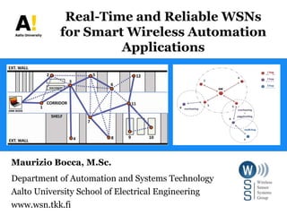 Real-Time and Reliable WSNsfor Smart Wireless Automation Applications Maurizio Bocca, M.Sc. Department of Automation and Systems Technology Aalto University School of Electrical Engineering www.wsn.tkk.fi 
