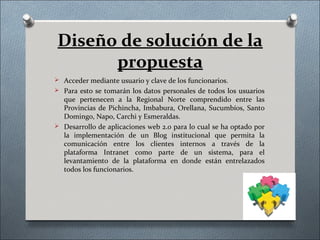 Diseño de solución de la
      propuesta
 Acceder mediante usuario y clave de los funcionarios.
 Para esto se tomarán los datos personales de todos los usuarios
  que pertenecen a la Regional Norte comprendido entre las
  Provincias de Pichincha, Imbabura, Orellana, Sucumbíos, Santo
  Domingo, Napo, Carchi y Esmeraldas.
 Desarrollo de aplicaciones web 2.0 para lo cual se ha optado por
  la implementación de un Blog institucional que permita la
  comunicación entre los clientes internos a través de la
  plataforma Intranet como parte de un sistema, para el
  levantamiento de la plataforma en donde están entrelazados
  todos los funcionarios.
 