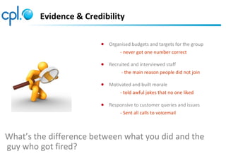 Evidence & Credibility
● Organised budgets and targets for the group
- never got one number correct
● Recruited and interviewed staff
- the main reason people did not join
● Motivated and built morale
- told awful jokes that no one liked
● Responsive to customer queries and issues
- Sent all calls to voicemail
What’s the difference between what you did and the
guy who got fired?
 