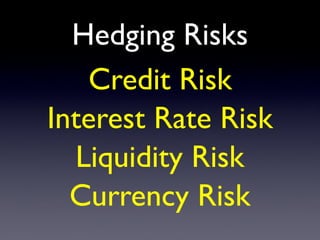 Hedging Risks
Credit Risk
Interest Rate Risk
Liquidity Risk
Currency Risk
 