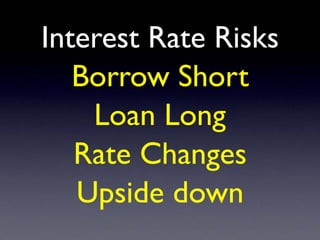 Interest Rate Risks
Borrow Short
Loan Long
Rate Changes
Upside down
 