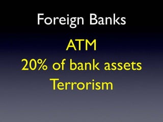 Foreign Banks
ATM
20% of bank assets
Terrorism
 