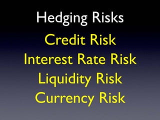 Hedging Risks
Credit Risk
Interest Rate Risk
Liquidity Risk
Currency Risk
 