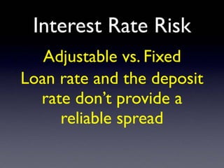 Adjustable vs. Fixed
Loan rate and the deposit
rate don’t provide a
reliable spread
Interest Rate Risk
 