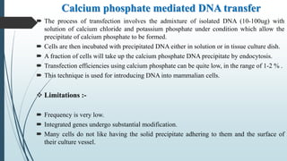 Calcium phosphate mediated DNA transfer
 The process of transfection involves the admixture of isolated DNA (10-100ug) with
solution of calcium chloride and potassium phosphate under condition which allow the
precipitate of calcium phosphate to be formed.
 Cells are then incubated with precipitated DNA either in solution or in tissue culture dish.
 A fraction of cells will take up the calcium phosphate DNA precipitate by endocytosis.
 Transfection efficiencies using calcium phosphate can be quite low, in the range of 1-2 % .
 This technique is used for introducing DNA into mammalian cells.
 Limitations :-
 Frequency is very low.
 Integrated genes undergo substantial modification.
 Many cells do not like having the solid precipitate adhering to them and the surface of
their culture vessel.
 