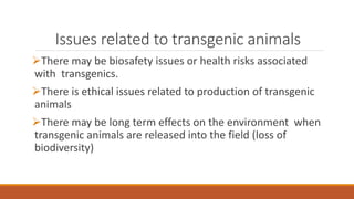 Issues related to transgenic animals
There may be biosafety issues or health risks associated
with transgenics.
There is ethical issues related to production of transgenic
animals
There may be long term effects on the environment when
transgenic animals are released into the field (loss of
biodiversity)
 