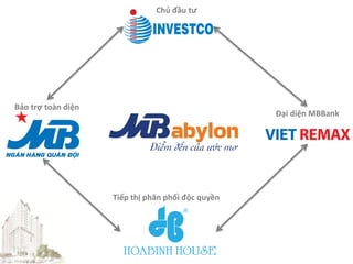 Chủ đầu tư




Bảo trợ toàn diện
                                                   Đại diện MBBank




                    Tiếp thị phân phối độc quyền
 