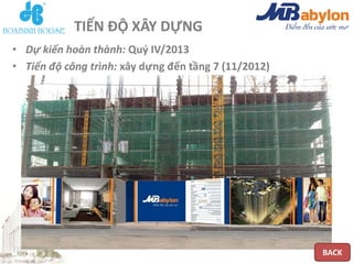TIẾN ĐỘ XÂY DỰNG
• Dự kiến hoàn thành: Quý IV/2013
• Tiến độ công trình: xây dựng đến tầng 7 (11/2012)




                                                      BACK
 