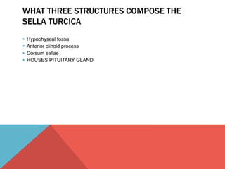 WHAT THREE STRUCTURES COMPOSE THE 
SELLA TURCICA 
 Hypophyseal fossa 
 Anterior clinoid process 
 Dorsum sellae 
 HOUSES PITUITARY GLAND 
 
