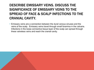 DESCRIBE EMISSARY VEINS. DISCUSS THE 
SIGNIFICANCE OF EMISSARY VEINS TO THE 
SPREAD OF FACE & SCALP INFECTIONS TO THE 
CRANIAL CAVITY. 
 Emissary veins are a connection between the dural venous sinuses and the 
veins of the scalp. Emissary veins travel through small foramina in the calvaria. 
Infections in the loose connective tissue layer of the scalp can spread through 
these valveless veins and reach the cranial cavity. 
 