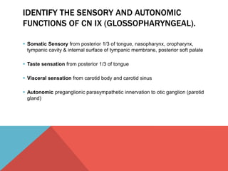 IDENTIFY THE SENSORY AND AUTONOMIC 
FUNCTIONS OF CN IX (GLOSSOPHARYNGEAL). 
 Somatic Sensory from posterior 1/3 of tongue, nasopharynx, oropharynx, 
tympanic cavity & internal surface of tympanic membrane, posterior soft palate 
 Taste sensation from posterior 1/3 of tongue 
 Visceral sensation from carotid body and carotid sinus 
 Autonomic preganglionic parasympathetic innervation to otic ganglion (parotid 
gland) 
 