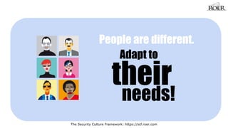People are different. 
Adapt to 
their 
needs! 
The Security Culture Framework: https://scf.roer.com 
 