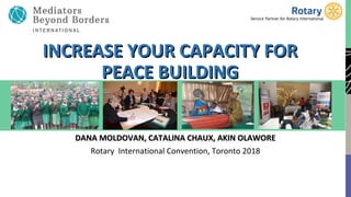 INCREASE YOUR CAPACITY FORINCREASE YOUR CAPACITY FOR
PEACE BUILDINGPEACE BUILDING
DANA MOLDOVAN, CATALINA CHAUX, AKIN OLAWOREDANA MOLDOVAN, CATALINA CHAUX, AKIN OLAWORE
Rotary International Convention, Toronto 2018
 