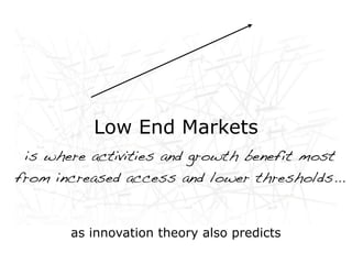 Low End Markets
 is where activities and growth benefit most
from increased access and lower thresholds...


       as innovation theory also predicts
 